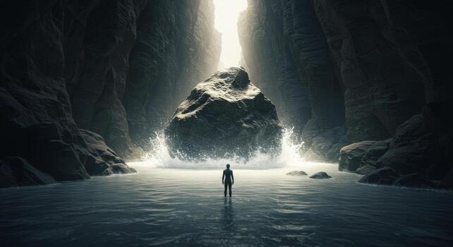 A glowing river of time carves a human statue from a rough boulder. A metaphor for how life and experience shape a person's character. photo