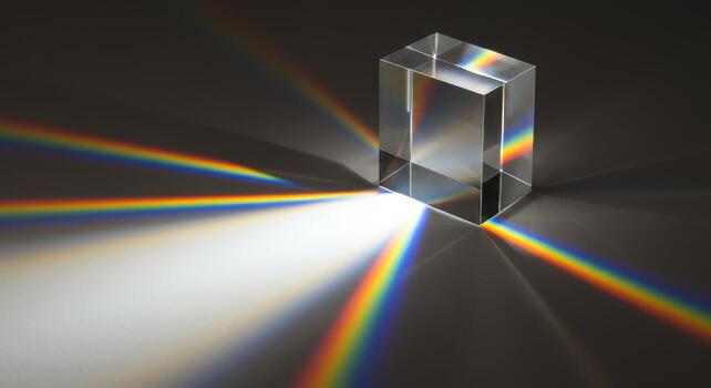 A beautiful and scientific abstract image showing light dispersion. A beam of light creates a rainbow, symbolizing creativity, diversity, and hope. Perfect for technology and science themes. photo