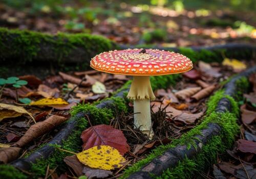 Amanita muscaria mushroom in a forest setting with fallen leaves photo