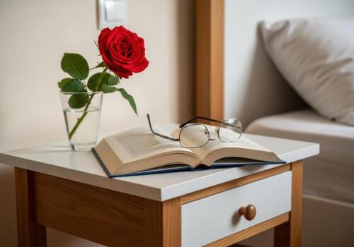 A red rose in a vase on a nightstand with an open book and glasses photo