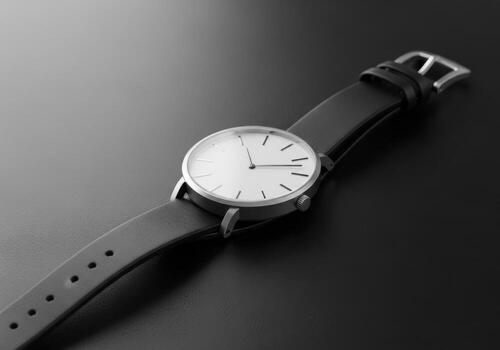 Minimalist analog wristwatch with a black leather strap on a dark surface photo