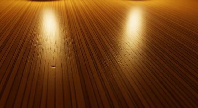 Close-up of polished wooden surface illuminated by warm golden light emphasizing wood grain photo