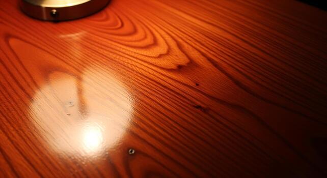 Close-up of a polished wooden surface with natural grain patterns and reflections illuminating its photo