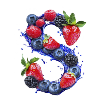 vivace preparativi di fresco frutti di bosco, Compreso fragole, mirtilli, lamponi, e more, le forme forma di lettera S con spruzzi di acqua, la creazione di rinfrescante e dinamico visivo png