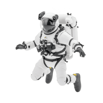 astronaut in white spacesuit floats in zero gravity, showcasing advanced space exploration gear. suit features helmet with reflective visor and backpack for life support png