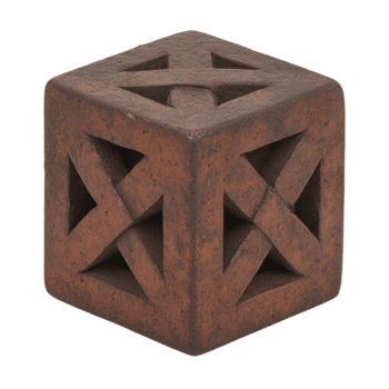 rustic, brown, cube shaped lantern with geometric cutouts creates warm, inviting glow. lantern design features intersecting lines and triangles, adding artistic touch to any space png