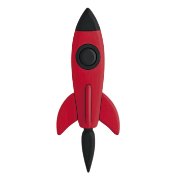 Questo Caratteristiche rosso giocattolo razzo con nero naso e pinne, progettato semplice e giocoso stile. razzo ha circolare finestra e elegante, aerodinamico forma, evocando senso di avventura e esplorazione png