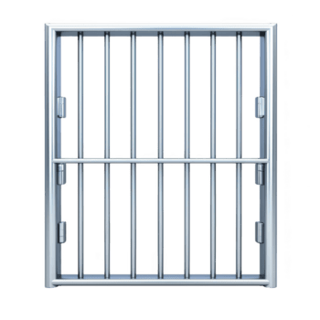 sturdy metal prison cell door with vertical bars and hinges, symbolizing security and confinement. door is isolated on transparency background, emphasizing its structure and design png