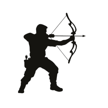 silhouette of archer in dynamic pose, drawing bow and arrow, conveys sense of focus and precision. image captures essence of archery and skill involved png