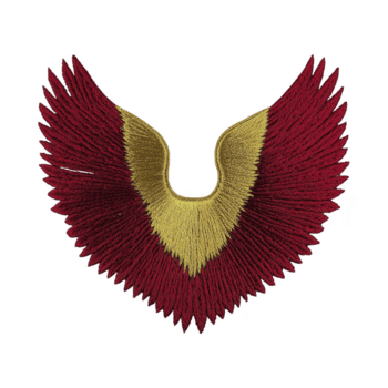 vibrant, symmetrical embroidery design features red and gold wings, creating striking and artistic pattern. intricate stitching showcases blend of colors, adding depth and texture png