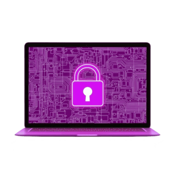 il computer portatile visualizzazione digitale serratura icona su circuito tavola sfondo simboleggia sicurezza informatica e dati protezione. vivace viola colore Aggiunge moderno e sicuro sentire png