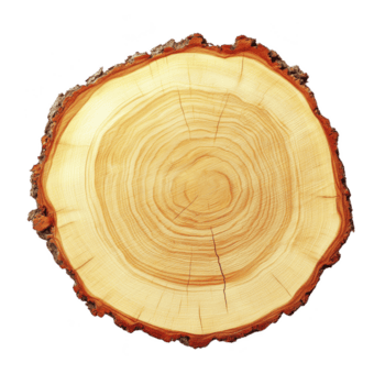cross section of tree trunk reveals growth rings, showcasing natural patterns and textures. wood slice has rich, earthy tone with visible cracks and rough bark edge png