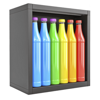 colorato bottiglie nel elegante, moderno Schermo Astuccio vetrina vivace Vettore di sfumature, Compreso blu, giallo, e rosso. preparativi è visivamente attraente e organizzato png