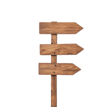 wooden signpost with three blank directional arrows pointing in different directions, isolated on transparency background. rustic design suggests natural or outdoor setting png