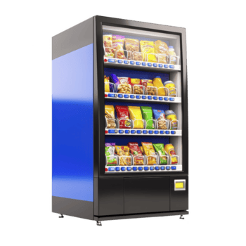 moderno vending macchina con blu pannello viene visualizzato varietà di spuntini e bevande, offerta conveniente accesso per Presto rinfreschi. macchina elegante design è tutti e due funzionale e attraente png