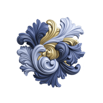 Ornate floral design with swirling blue and gold elements, showcasing intricate baroque style. elegant pattern features harmonious blend of colors and textures, creating luxurious and artistic png