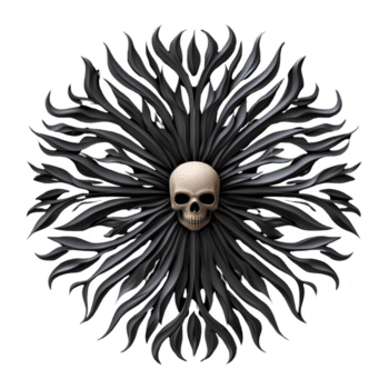 skull is centered within radial pattern of dark, flame like tendrils, creating gothic and mysterious design. intricate details and dark tones evoke sense of intrigue and intensity png