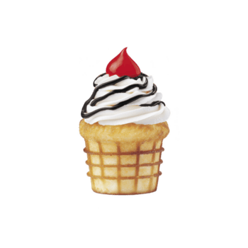 delightful cupcake with creamy white frosting, chocolate drizzle, and cherry on top, resembling ice cream cone. waffle patterned base adds playful touch png