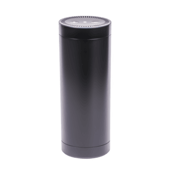 elegant svart cylindrisk smart högtalare med minimalistisk design, terar perforerad topp för ljud produktion. enhet är modern och kompakt, lämplig för Hem eller kontor använda sig av png