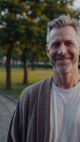 retrato seqüência do sorridente homem desfrutando uma andar dentro a parque video