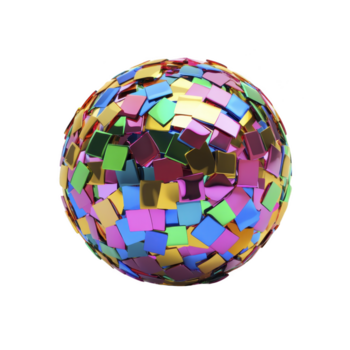 beschwingt Kugel zusammengesetzt von bunt, reflektierend Platz Fliesen schafft faszinierend Mosaik Wirkung, präsentieren spielerisch und dynamisch Design. hell Farben und glänzend Oberflächen hervorrufen Sinn von Freude png