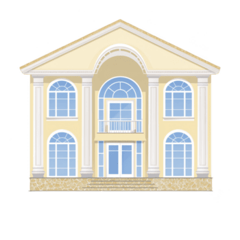 elegant två berättelse hus med stor välvd fönster, central balkong, och sten fundament. Fasad är målad i mjuk gul, kompletteras förbi vit kolonner och trimma png