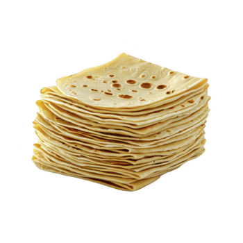 stack of thin, golden brown flatbreads is neatly arranged, showcasing their soft texture and slightly crispy edges. flatbreads are evenly cooked with small, scattered brown spots png