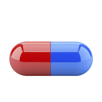 brillante, rojo y azul cápsula píldora soportes fuera en contra llanura fondo, simbolizando opciones y decisiones lustroso superficie refleja luz, agregando futurista y intrigante sensación png
