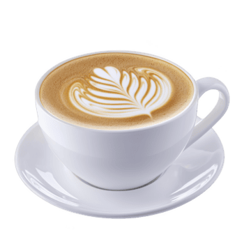 schön gefertigt Latté mit kompliziert Schaum Kunst im Weiß Tasse und Untertasse, präsentieren zart Blatt Muster. cremig Textur und künstlerisch Design erstellen warm, einladend Gefühl png