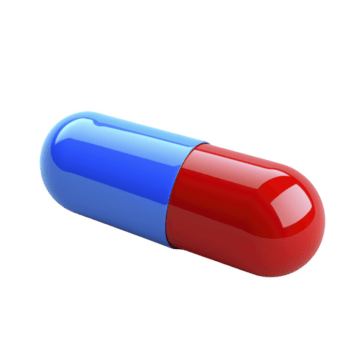 brillante rosso e blu capsula pillola è raffigurato contro trasparenza sfondo, simboleggiante medicazione o supplementi. lucido superficie riflette luce, sottolineando suo liscio struttura png