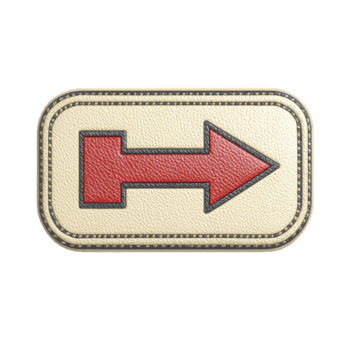 red arrow pointing right is displayed on textured, rectangular patch with beige background and black border, conveying direction and movement png
