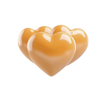 tre lucido, caramello colorato cuore forme siamo disposte strettamente insieme, la creazione di caldo e invitante visivo. liscio, brillante superficie di ogni cuore riflette luce, valorizzare loro ricco, d'oro colore png