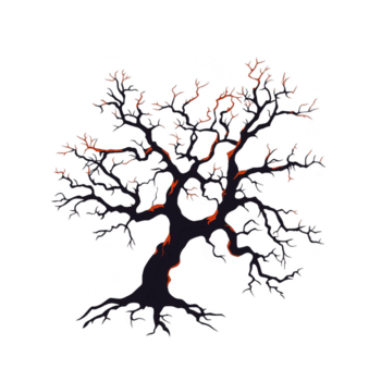 silhouette de sans feuilles arbre avec complexe branches et rouge points forts crée spectaculaire et artistique effet. rigide contraste souligne arbre structure png