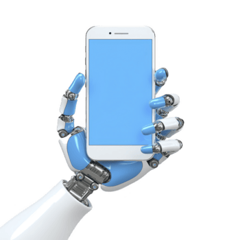 robótico mano con azul y blanco dedos es participación teléfono inteligente con blanco pantalla, exhibiendo tecnología y innovación. imagen Destacar intersección de robótica y móvil dispositivos png