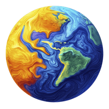 Questo Caratteristiche vibrante, vorticoso rappresentazione di terra con astratto modelli. continenti siamo raffigurato verde, circondato di blu oceani e caldo giallo e arancia toni, la creazione di dinamico png