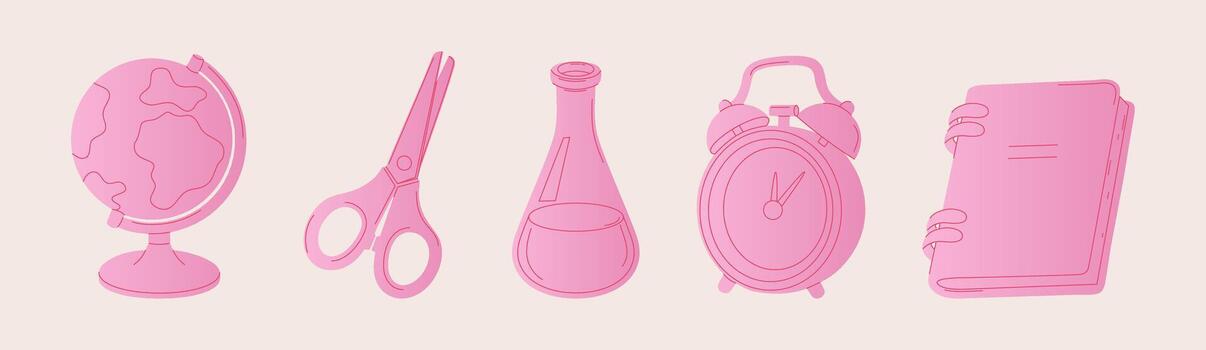 Minimal pink gradient set of school supplies. Globe, scissors, flask, alarm clock, and notebook. Perfect for educational designs, kids materials, planners, and modern classroom visuals. vector