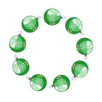 verde Navidad ornamento arreglado en un circular guirnalda en un blanco antecedentes con festivo decorativo modelo en dibujos animados estilo. vector