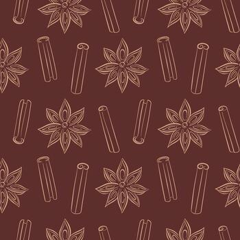 Seamless pattern with cinnamon stick and star anise drawn in line art style on a dark background. vector