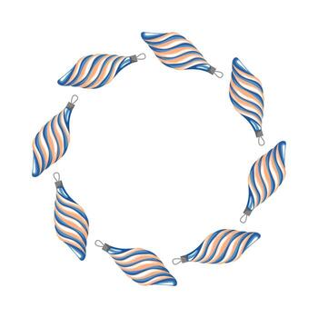Blue and orange striped Christmas tree toy arranged in a circular wreath pattern on a white background in cartoon style. vector