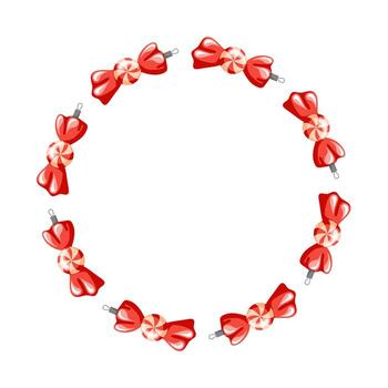 Red Christmas tree ornament with candy toy arranged in a circular wreath pattern on a white background in cartoon style. vector