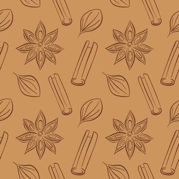 Seamless pattern with cinnamon stick, star anise and leaf drawn in simple line art style on a warm background. vector