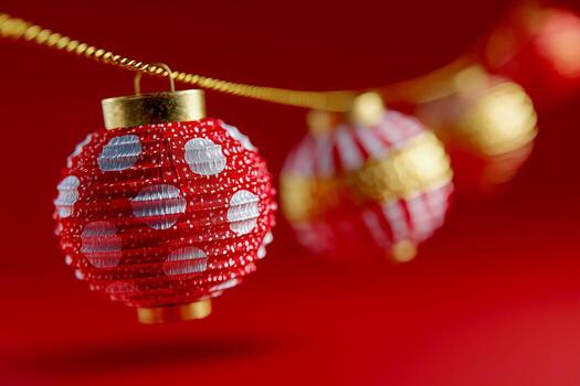 Close-up of red Christmas ornaments with white polka dots hanging on a gold string. The background is a solid red, creating a festive and vibrant atmosphere. photo