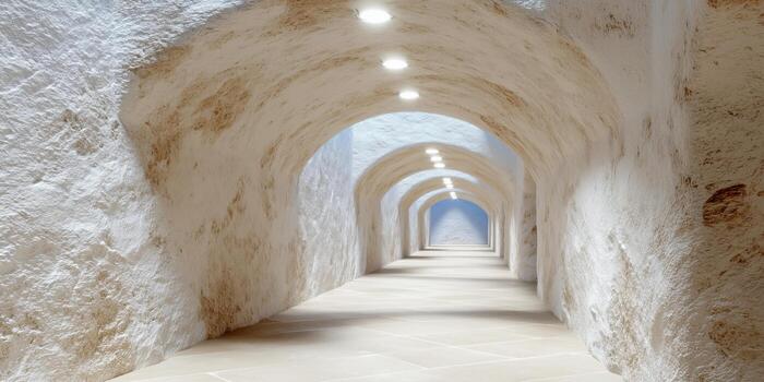 A long stone tunnel features a series of arched ceilings and built-in overhead lights. The textured walls and smooth floor create a historic and architectural atmosphere. photo
