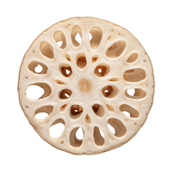 de cerca de un sección transversal de un loto raíz demostración sus intrincado modelo de agujeros aislado en transparente antecedentes png