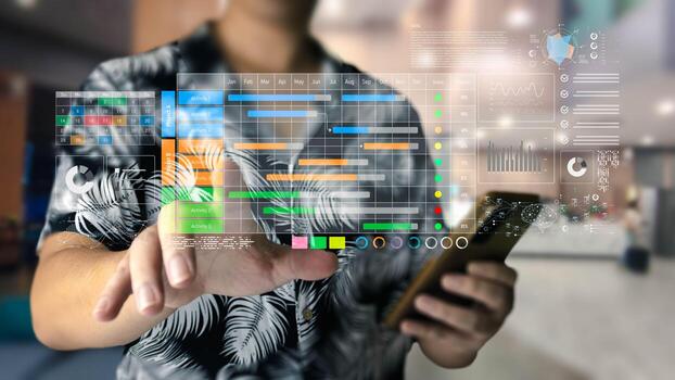 A person uses a futuristic holographic interface with a Gantt chart and data analytics for project management, touching the screen while holding a phone. photo