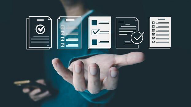 A person holds out their hand, with various digital document icons featuring checkboxes and checkmarks floating above it. A smartphone is visible in the other hand. photo