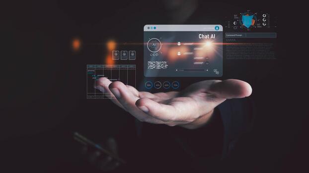 A hand shows a virtual interface featuring a chat AI system and a data analytics dashboard The dark futuristic display highlights modern technology and artificial intelligence photo