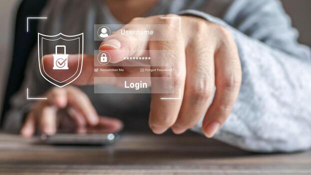A person securely logs into an online account by touching a virtual screen with their finger. A digital interface shows a username and password field with a security shield icon. photo