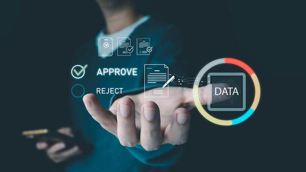 A person's hand shows a virtual interface for an electronic document approval system. It displays options to approve or reject, sign contracts, and process digital data on a futuristic screen. photo