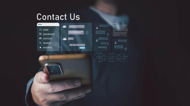 A user holds a smartphone, engaging with a floating digital interface for customer support. The screen displays a contact menu, a chat with an AI bot, and data forms. photo